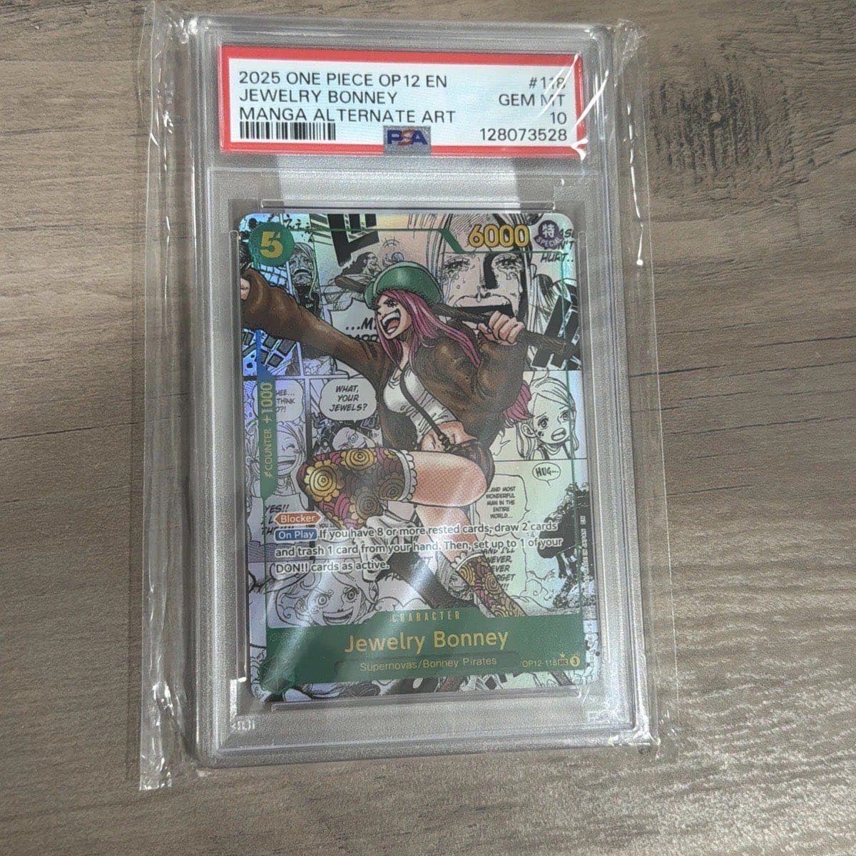 A 2025 One Piece Legacy of the Master Jewelry Bonney manga alternate art, OP12-118, in a PSA 10 slab