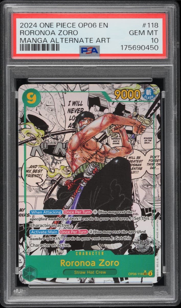 A 2024 One Piece Wings of the Captain Roronoa Zoro manga alternate art, OP06-118, in a PSA 10 slab