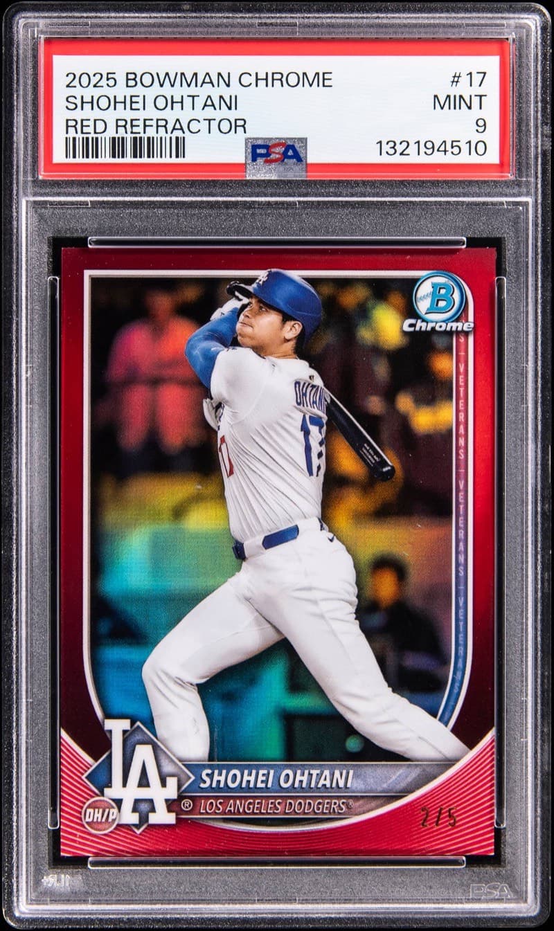The 2025 Bowman Chrome Red Refractor #17 Shohei Ohtani, numbered 2/5, in a PSA 9 slab, cert 132194510. Card image: Goldin lot photo.