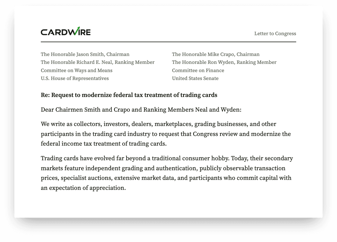 The first page of CardWire's letter to the House Ways and Means and Senate Finance committees