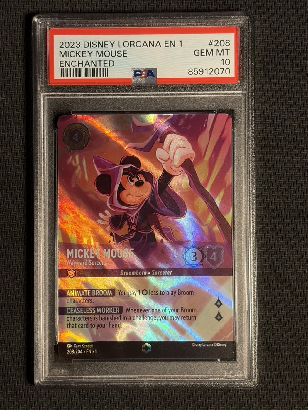 Disney Lorcana The First Chapter Enchanted Mickey Mouse, Wayward Sorcerer #208, in a PSA 10 slab