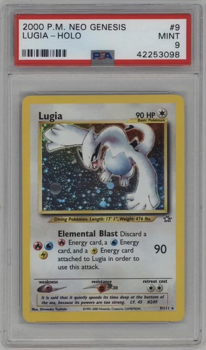 A 2000 Pokémon Neo Genesis Lugia holo, No. 9, in a PSA 9 slab