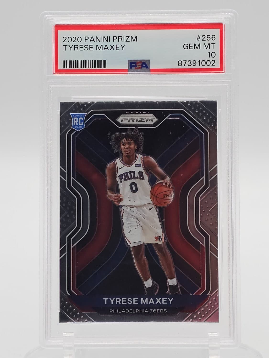A 2020 Panini Prizm Tyrese Maxey rookie, #256, in a PSA Gem Mint 10 slab