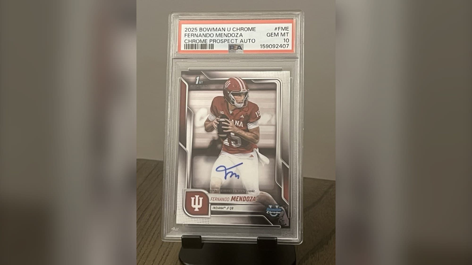 A 2025 Bowman Chrome U Fernando Mendoza Chrome Prospect Autograph, #BCA-FME, in a PSA 10 slab