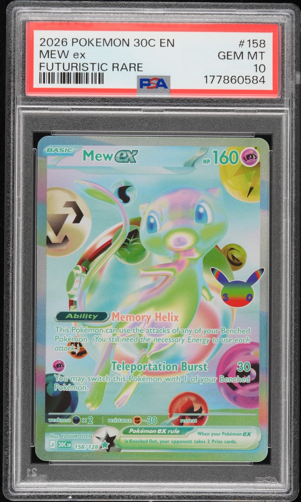 Mew ex, Pokémon 30th Celebration Futuristic Rare No. 158, in a PSA 10 slab