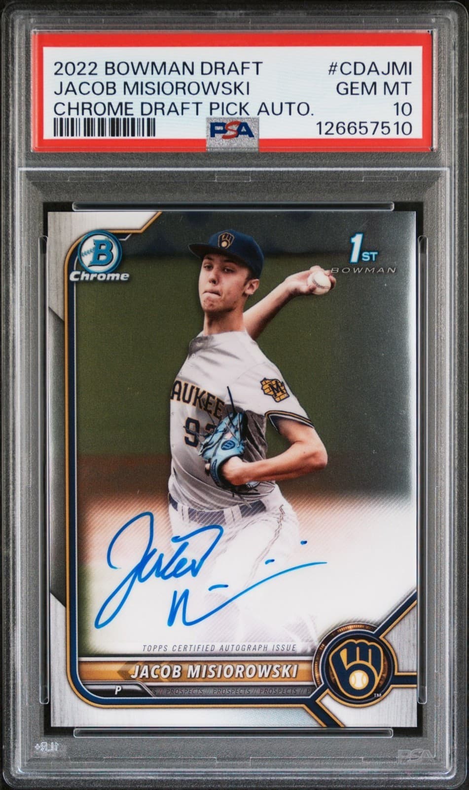 Jacob Misiorowski 2022 Bowman Chrome Draft Pick Autograph, CDA-JMI, in a PSA 10 slab