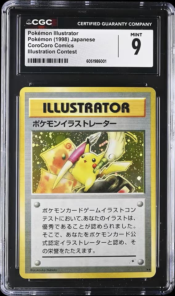 The 1998 Japanese CoroCoro Comics Pikachu Illustrator promo in a CGC Mint 9 slab, cert 6051986001. Image: PrizePicks.