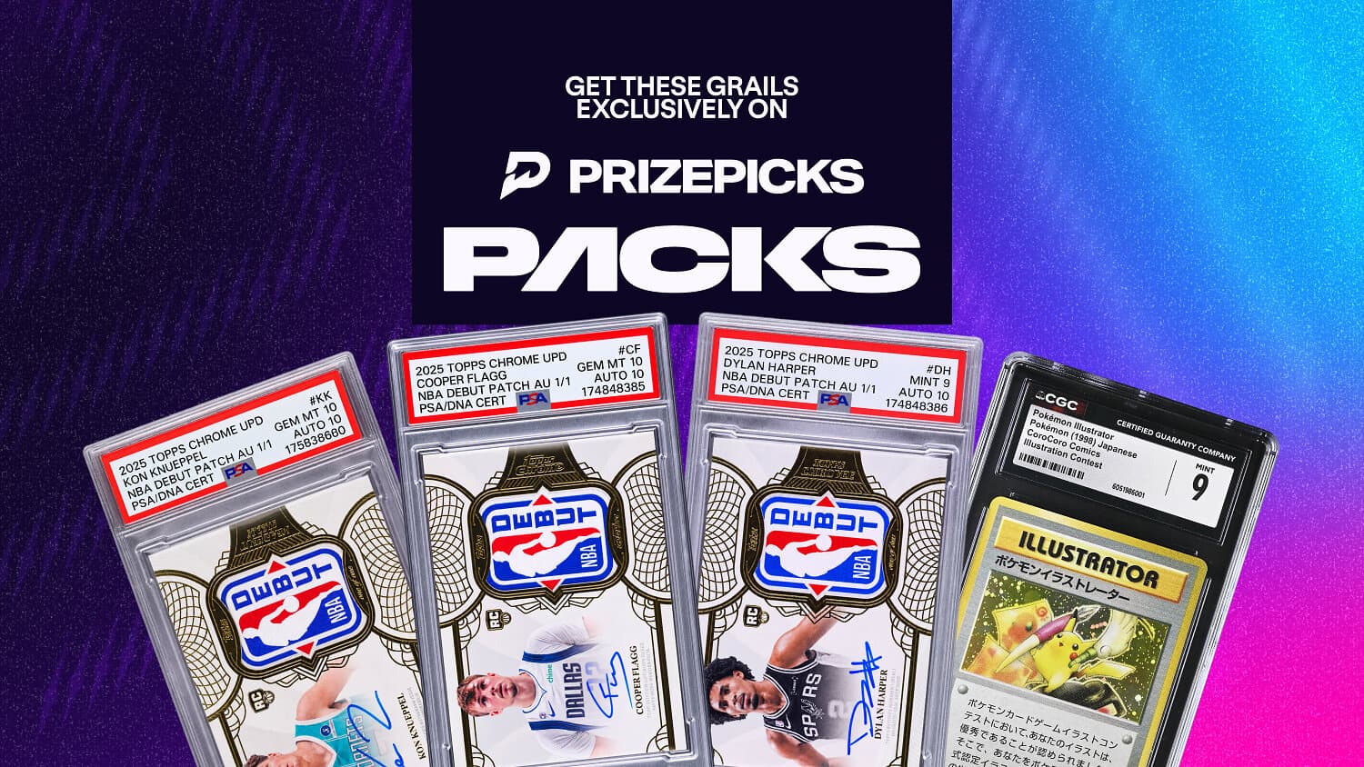 The four grails in PrizePicks Packs: Kon Knueppel, Cooper Flagg and Dylan Harper 2025-26 Topps Chrome Update NBA Debut Patch autographs, each 1/1, and a 1998 Pokémon Illustrator Pikachu in a CGC 9 holder. Image: PrizePicks.