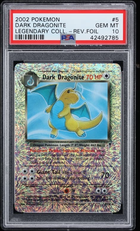 PSA 10 Dark Dragonite from 2002 Pokémon Legendary Collection, reverse holo #5, cert 42492785