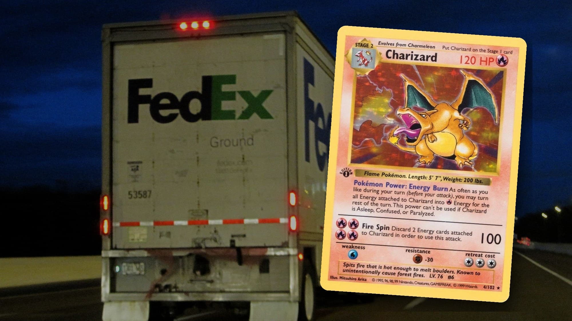 A 1999 Pokémon Base Set 1st Edition Charizard holo in front of a FedEx Ground truck at night.