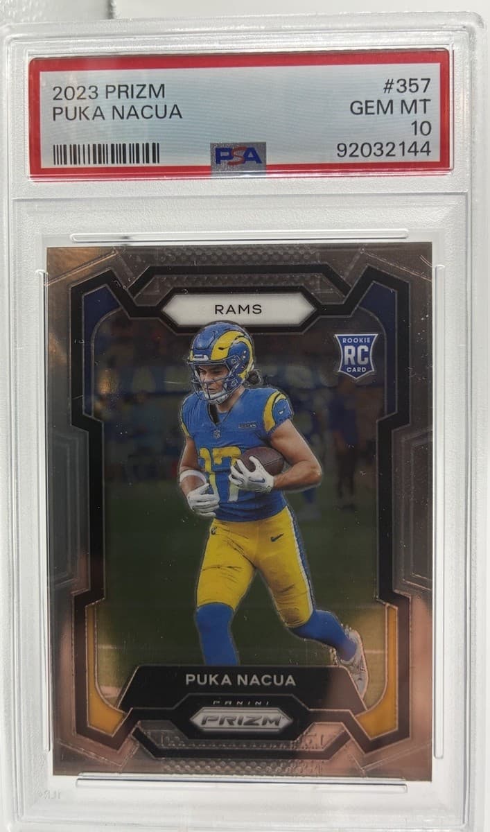 2023 Panini Prizm Puka Nacua #357 rookie card in a PSA 10 Gem Mint slab