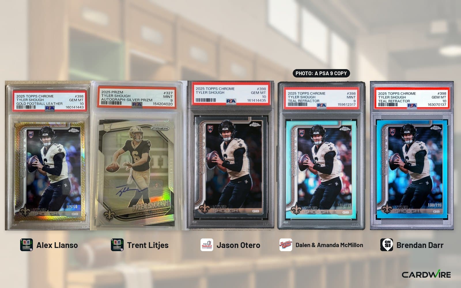 Five PSA-graded Tyler Shough rookie cards in a row, labeled with the managers who hold them: Alex Llanso, Trent Litjes, Jason Otero, Dalen and Amanda McMillon, and Brendan Darr