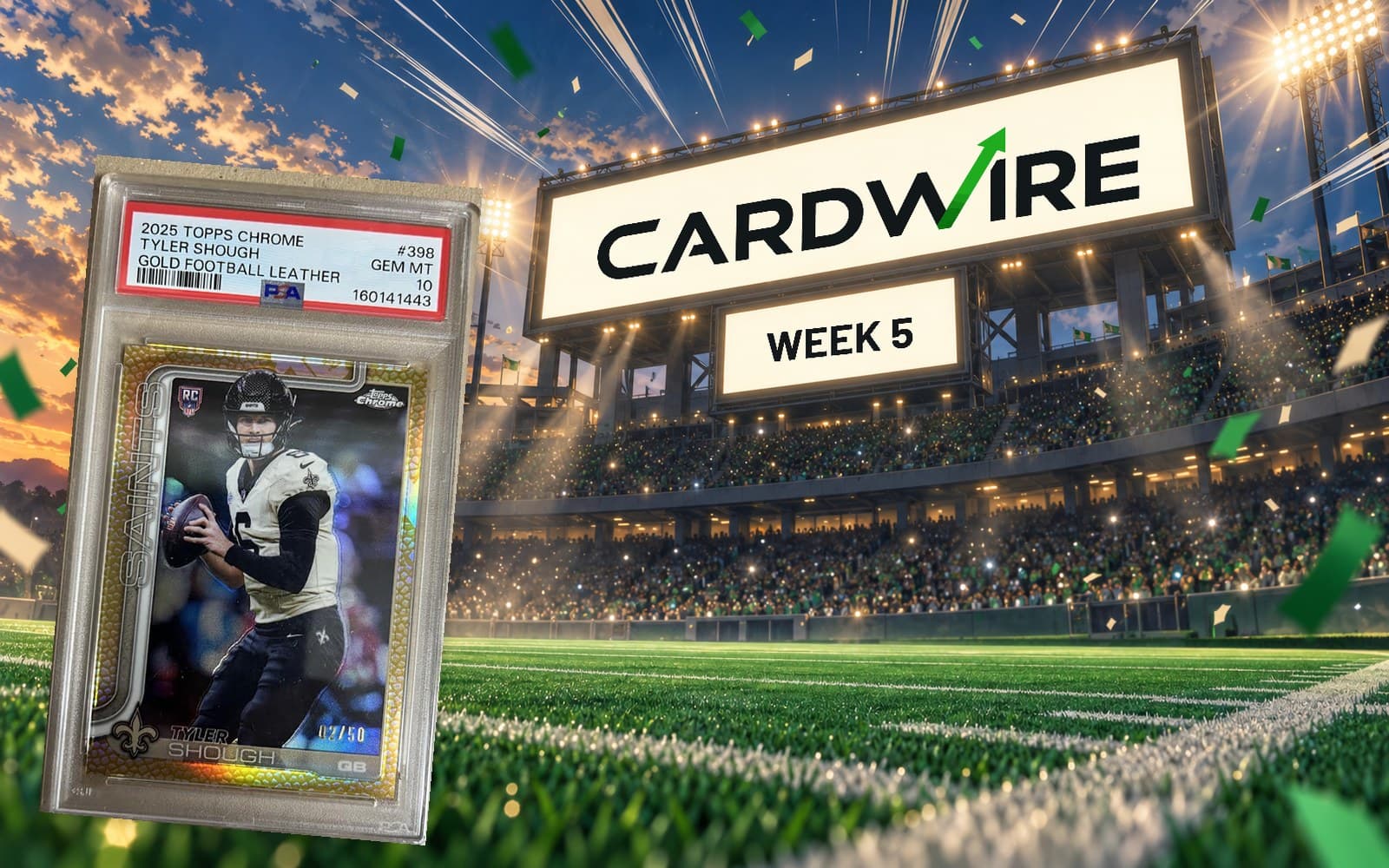 Alex Llanso's 2025 Topps Chrome Tyler Shough Leather Gold in a PSA 10 slab in front of a stadium scoreboard reading CardWire Week 5