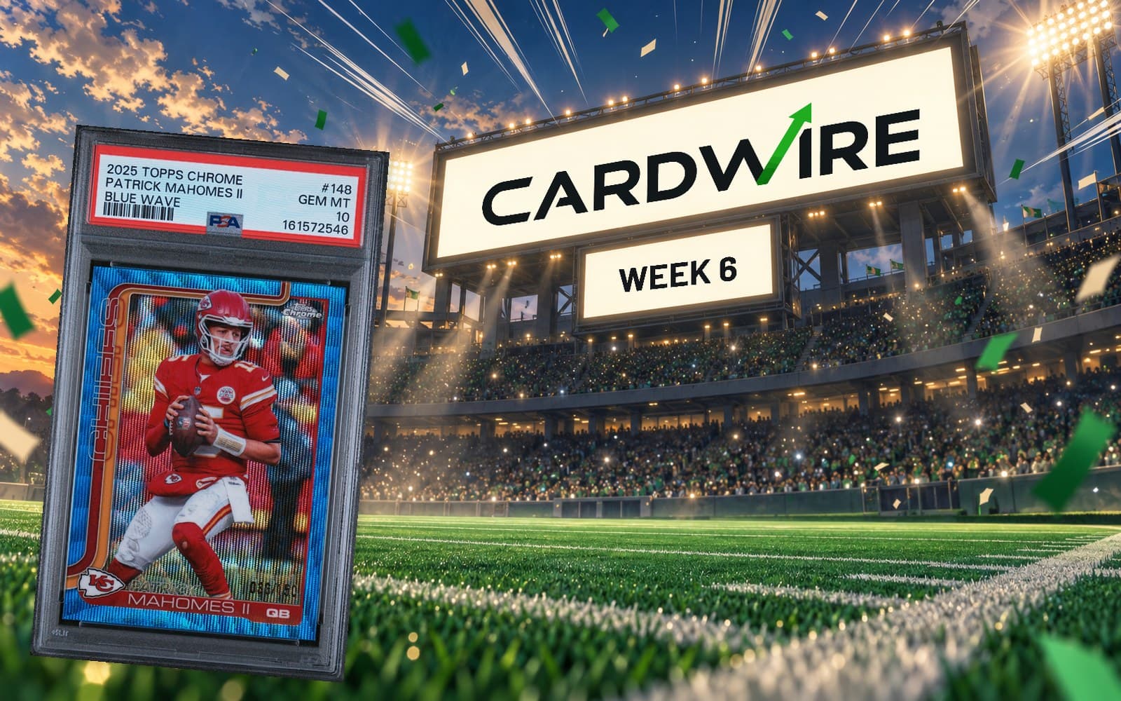 Brendan Darr's 2025 Topps Chrome Patrick Mahomes Blue Wave in a PSA 10 slab in front of a stadium scoreboard reading CardWire Week 6