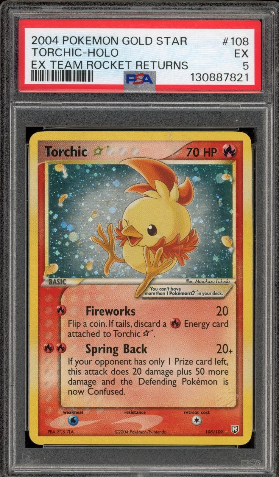2004 Pokémon EX Team Rocket Returns Gold Star Torchic holo in a PSA 5 slab, the copy closing on eBay tonight.