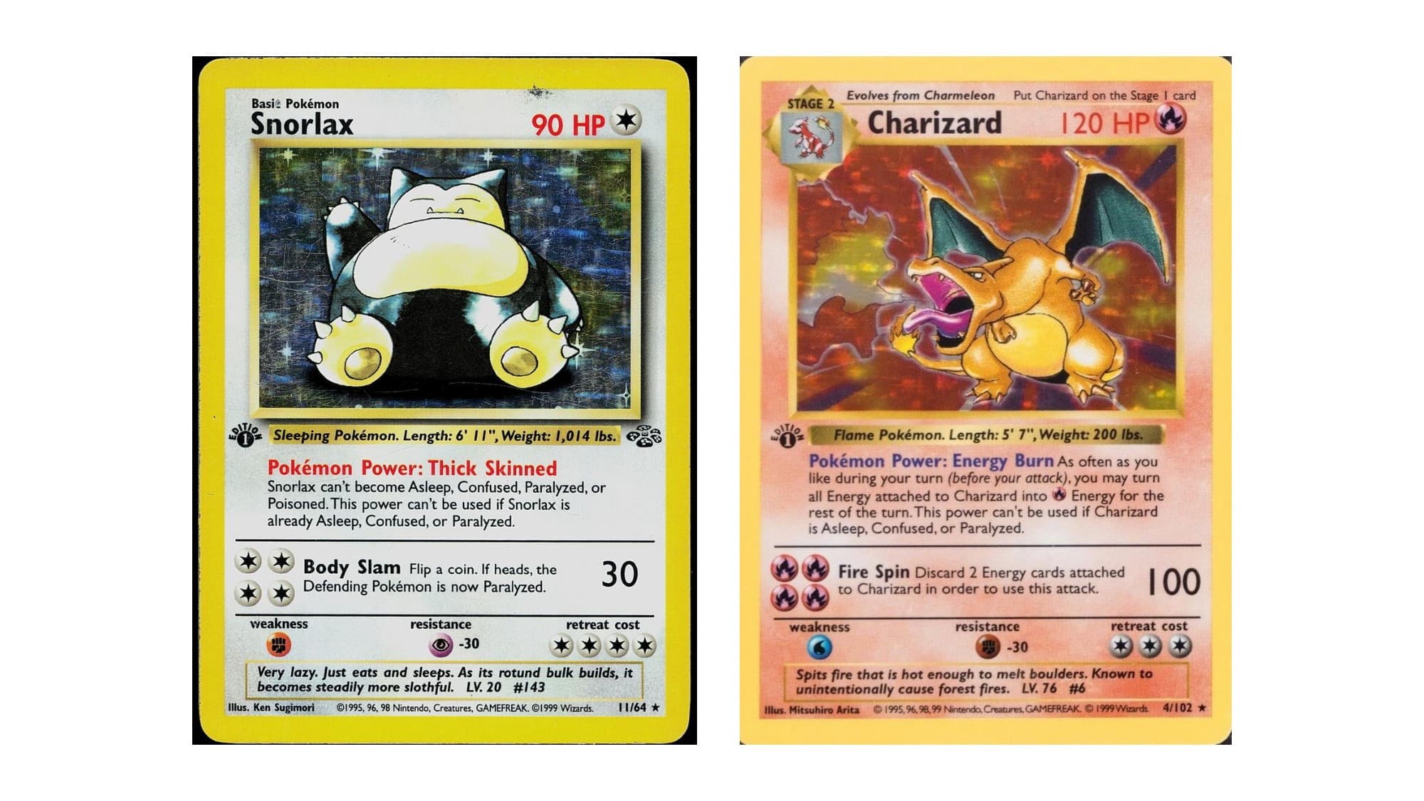 1999 Pokémon Jungle 1st Edition Snorlax holo and Base Set 1st Edition Charizard holo, raw card fronts side by side.