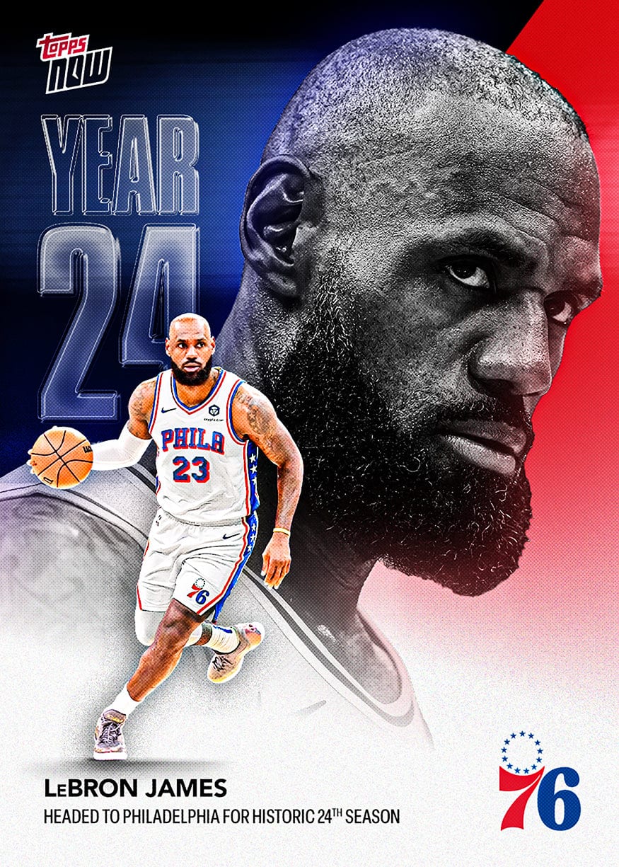 The 2026-27 NBA Topps NOW OS03 card showing LeBron James in a Philadelphia 76ers uniform