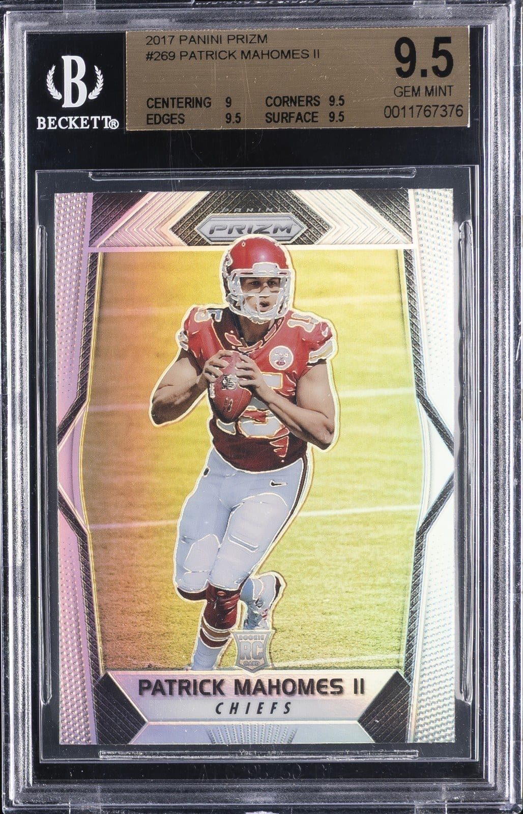 The 2017 Panini Prizm Patrick Mahomes II number 269 rookie card, in a BGS 9.5 holder