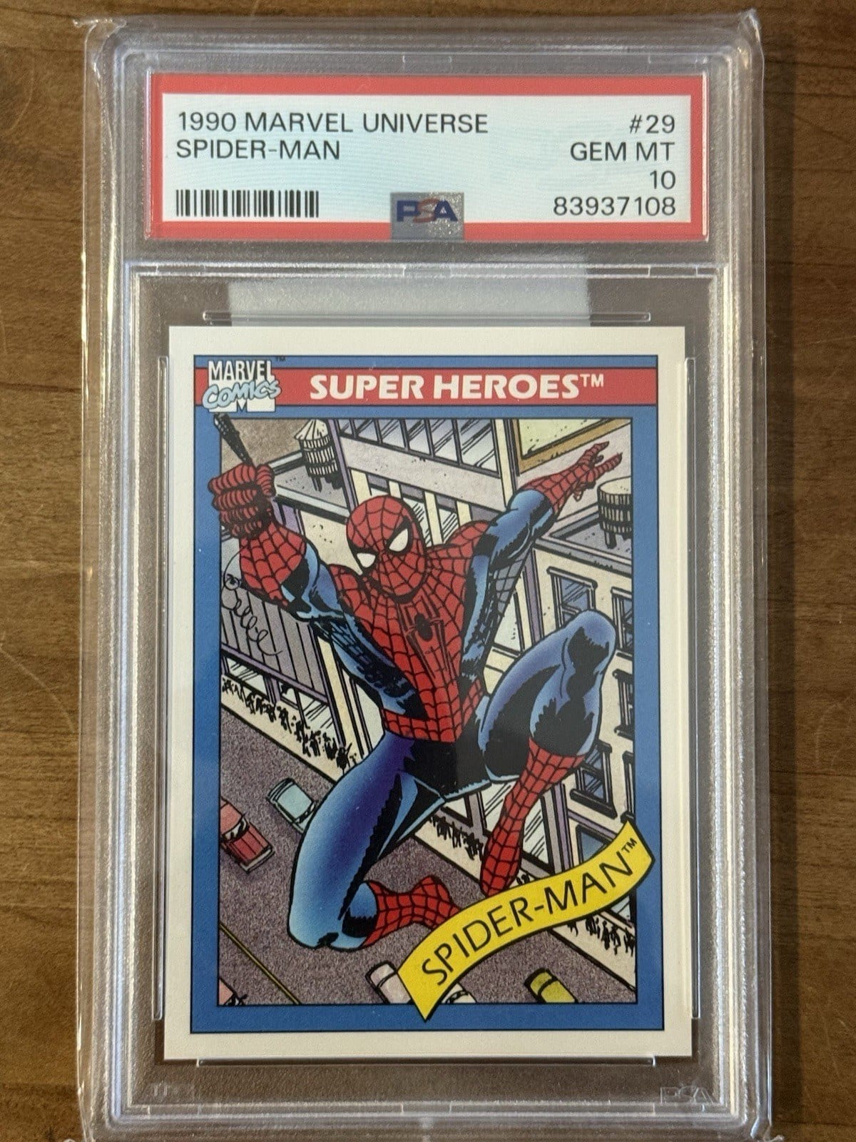 A 1990 Marvel Universe Spider-Man #29 card graded PSA 10 Gem Mint in its holder