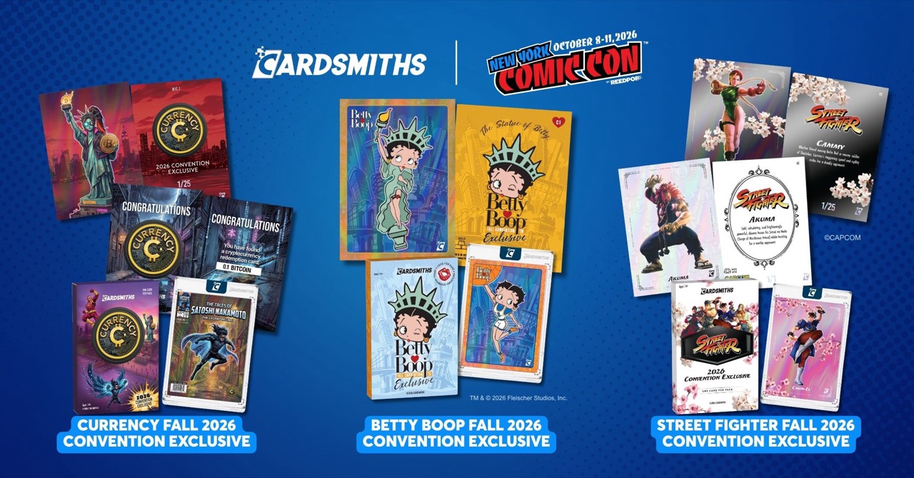 Cardsmiths promotional image showing its Currency, Betty Boop and Street Fighter Fall 2026 Convention Exclusive cards and packs beside the New York Comic Con logo