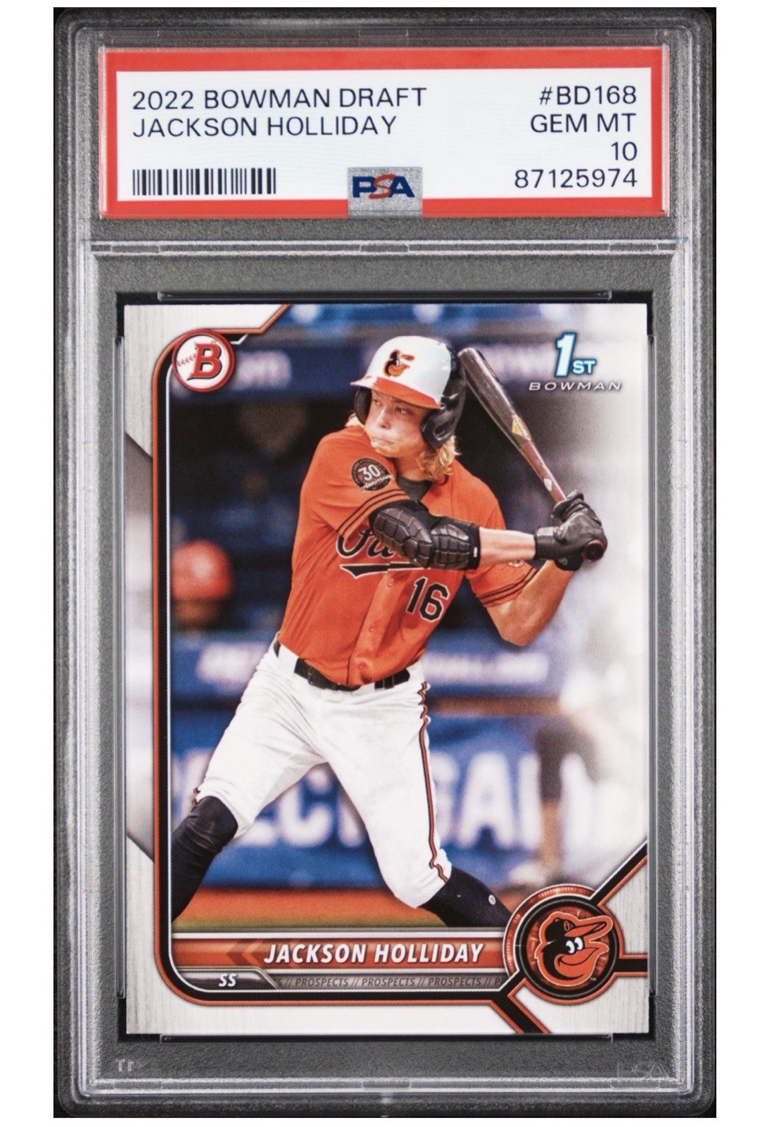 Jackson Holliday's 2022 Bowman Draft prospect card, BD-168, in a PSA 10 holder