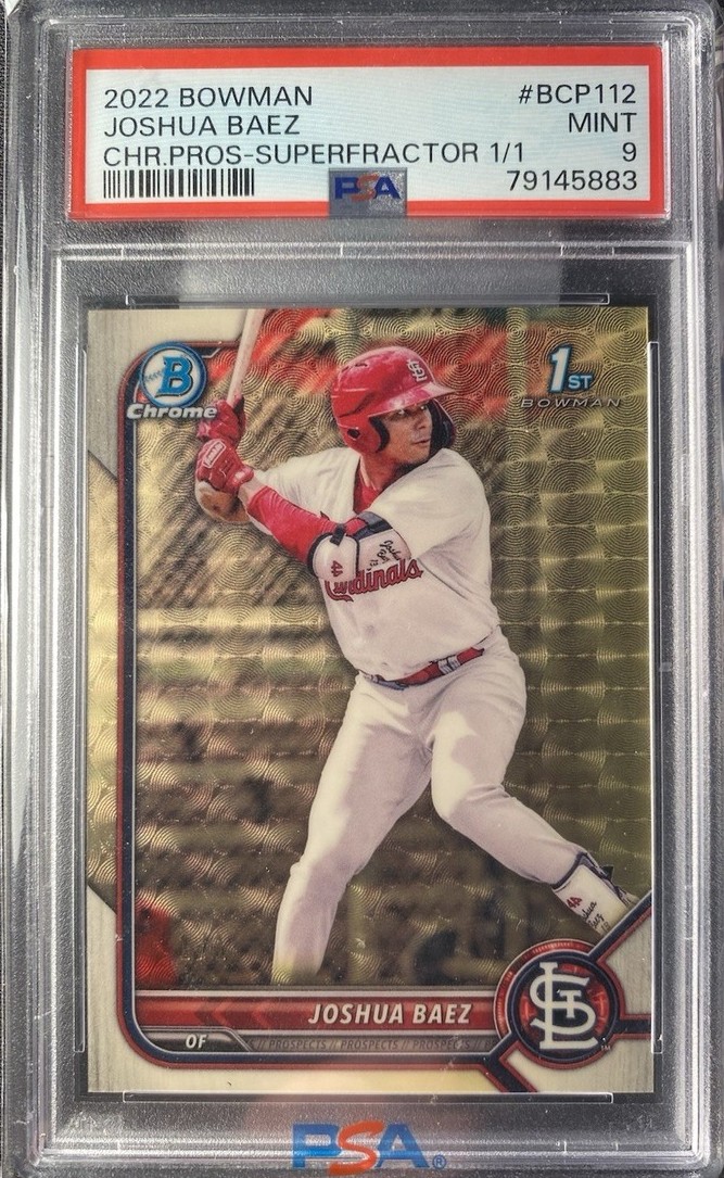 Joshua Báez 2022 Bowman Chrome 1st Superfractor 1/1 #BCP-112, PSA 9. Photo: Sports Collectors Daily.