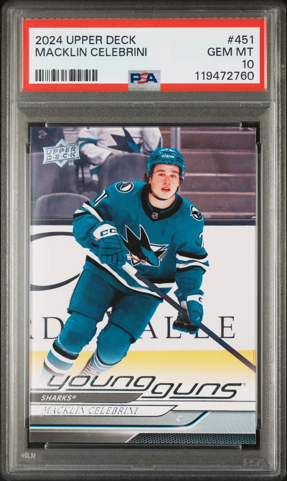 Macklin Celebrini 2024-25 Upper Deck Young Guns #451, PSA 10. Photo: eBay listing.