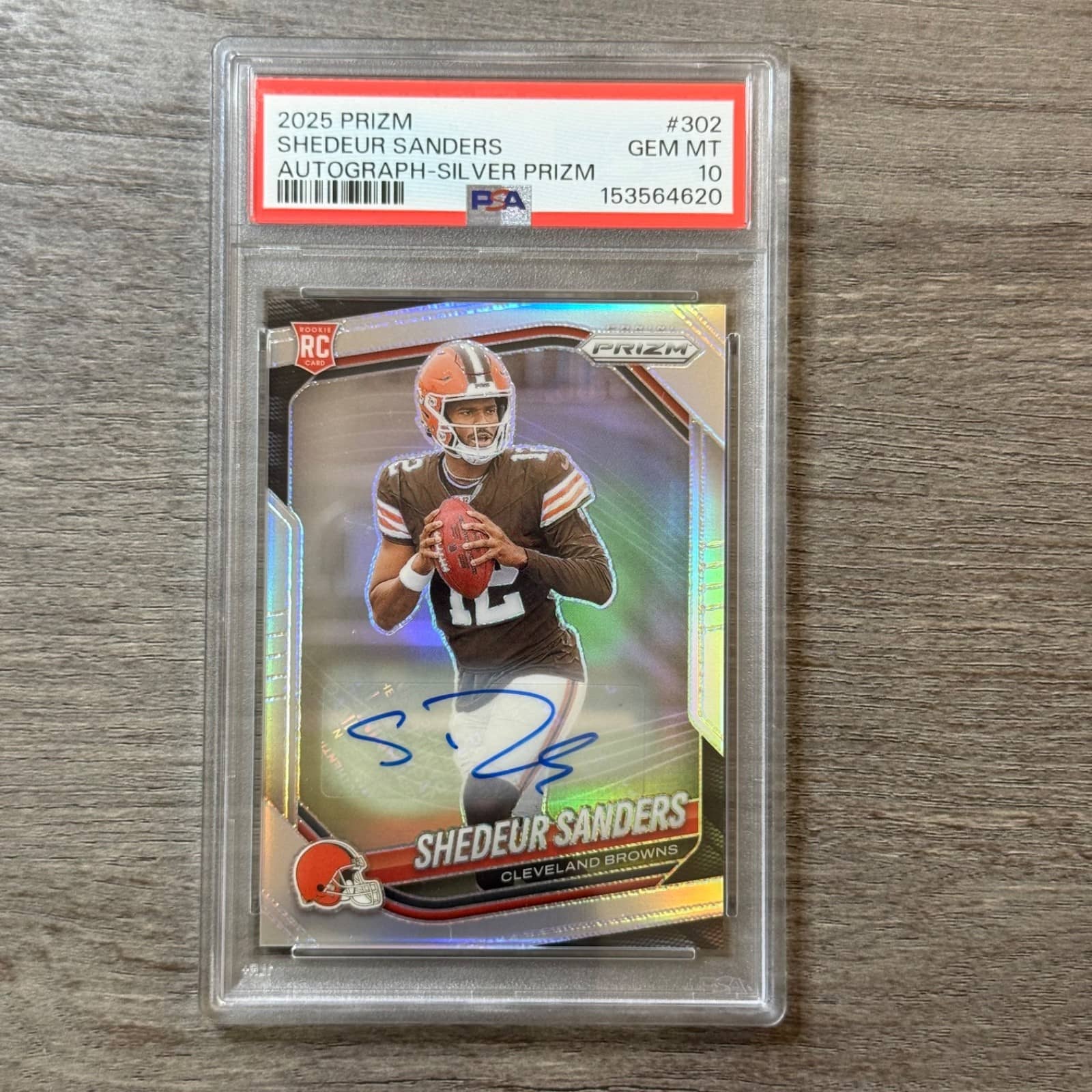 Shedeur Sanders 2025 Panini Prizm #302 Silver Prizm rookie autograph, PSA 10. Photo: eBay listing.