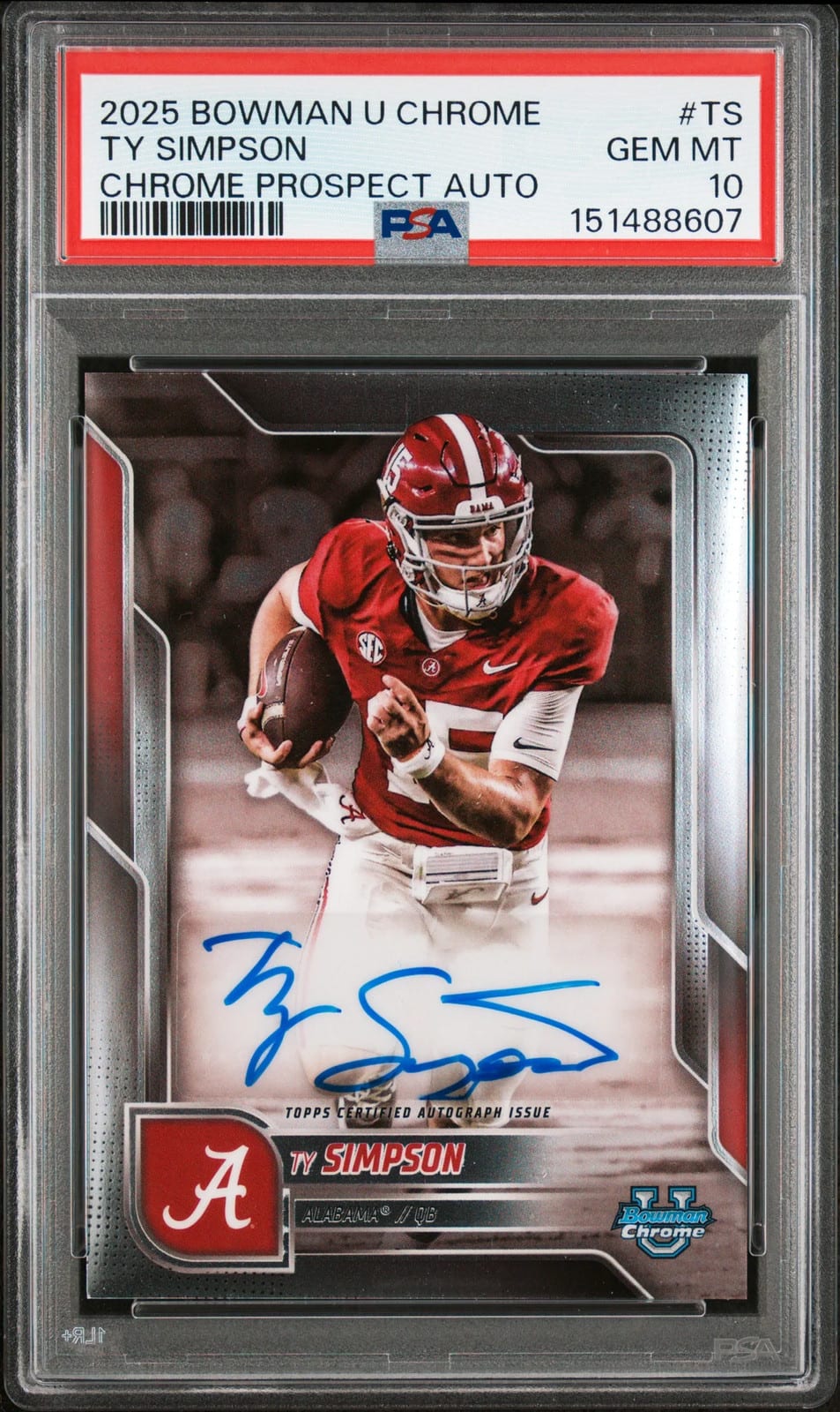 Ty Simpson 2025 Bowman University Chrome prospect autograph, PSA 10. Photo: eBay listing.