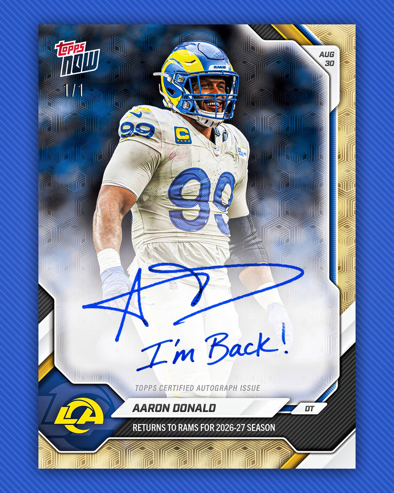 Aaron Donald 2026 Topps Now #OS05, I'm Back inscription. Photo: Topps.