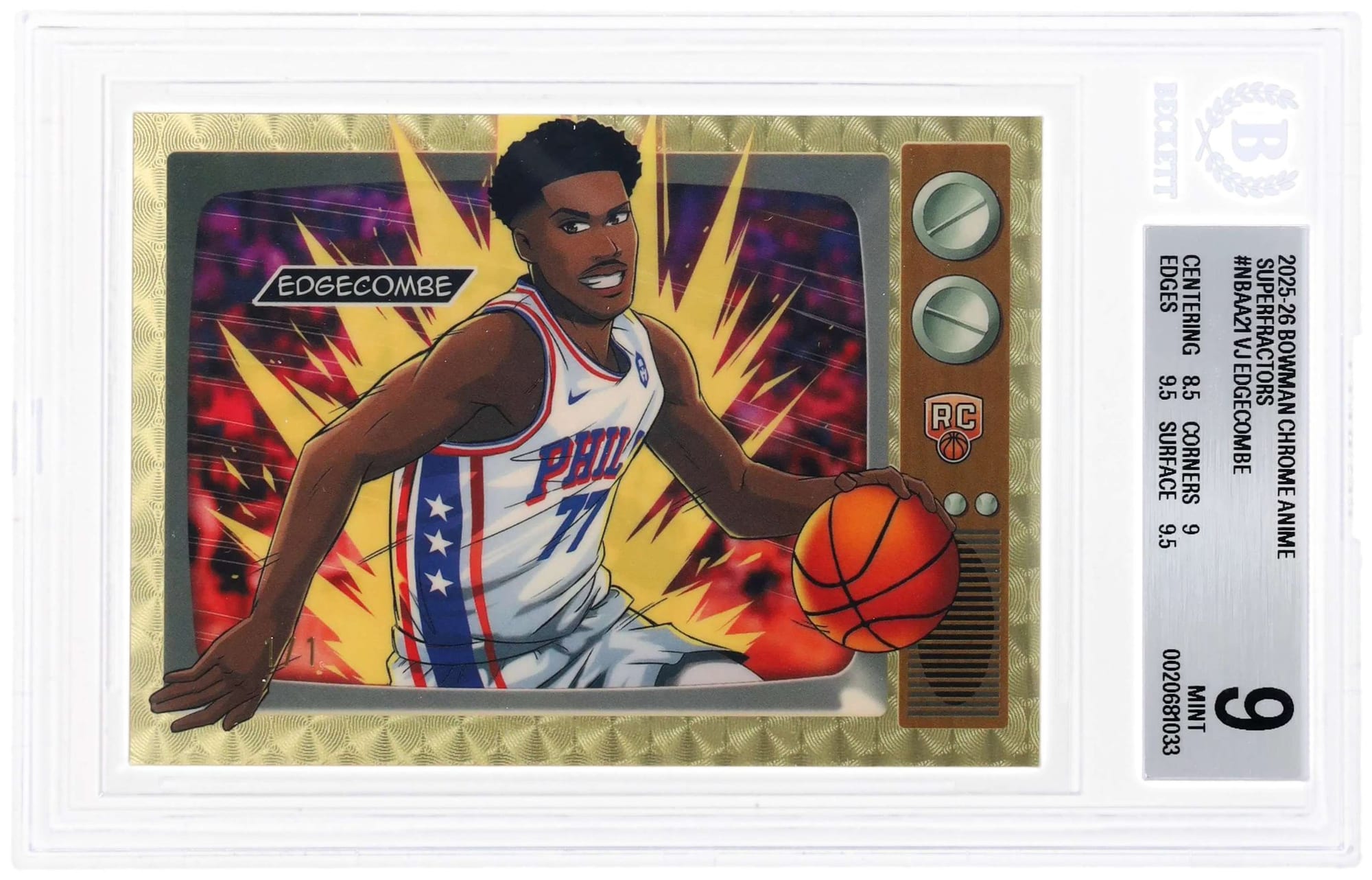 VJ Edgecombe 2025-26 Bowman Chrome Anime Superfractor 1/1, BGS 9. Photo: Topps, on X.