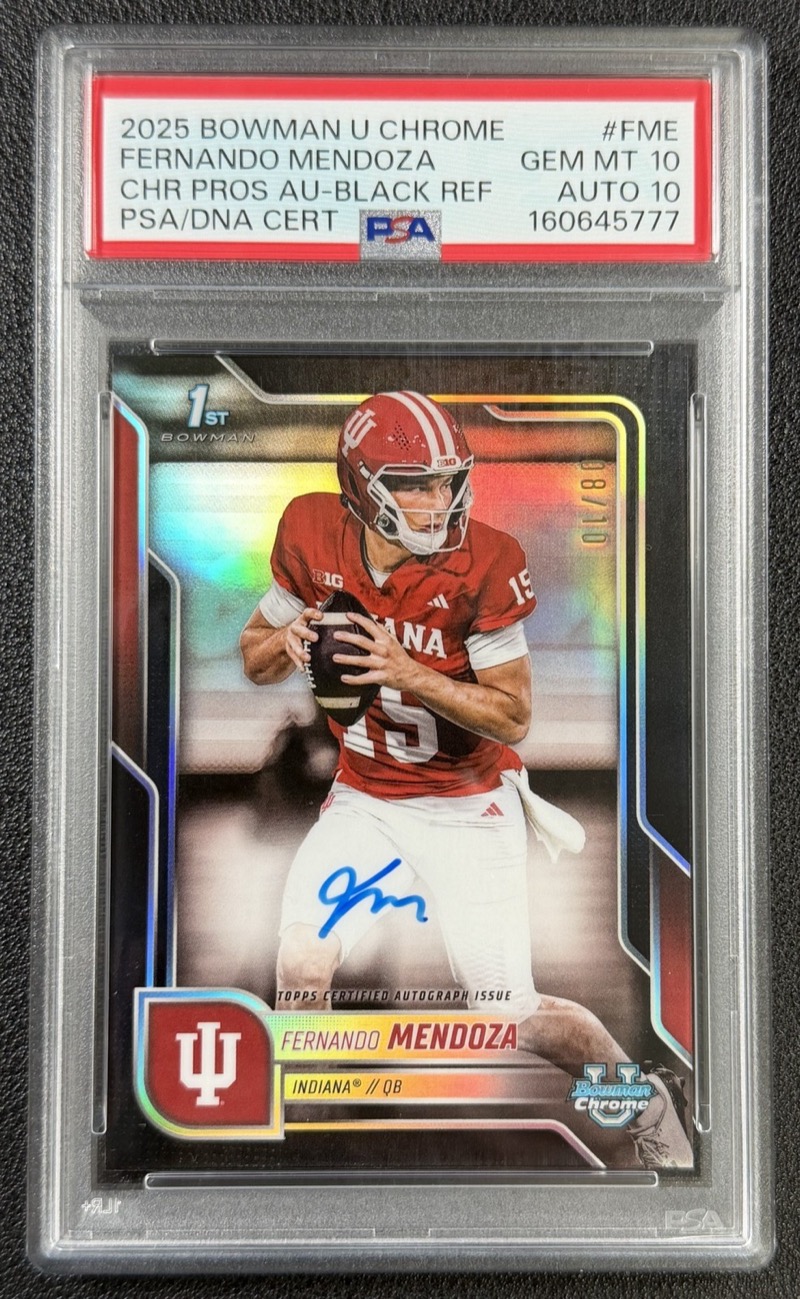 2025 Bowman U Chrome Fernando Mendoza Prospect autograph, Black Refractor #8/10. Photo: eBay listing.