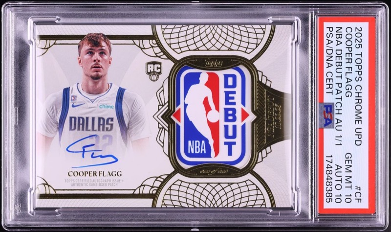 Cooper Flagg 2025-26 Topps Chrome Update NBA Debut Patch autograph 1/1, PSA 10. Photo: Fanatics Collect