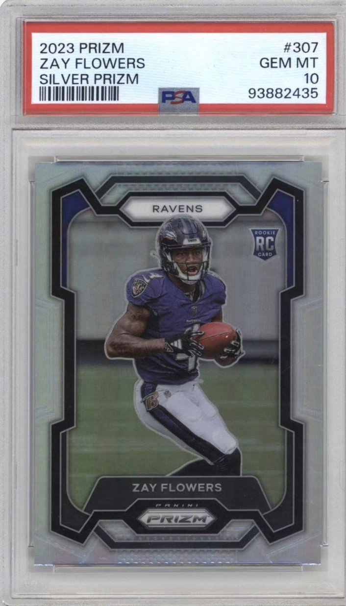 Zay Flowers 2023 Panini Prizm #307 Silver Prizm rookie, PSA 10. Photo: eBay listing.