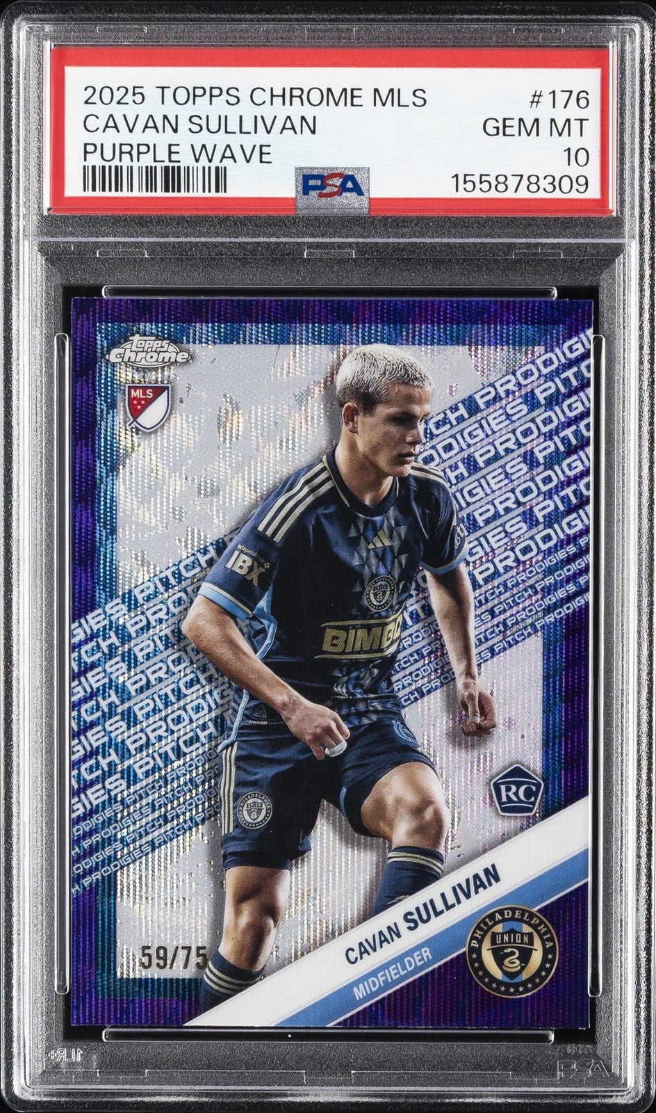 Cavan Sullivan 2025 Topps Chrome MLS #176 Purple Wave rookie, PSA 10. Photo: eBay listing.