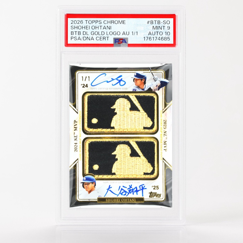Shohei Ohtani 2026 Topps Chrome #BTB-SO Back-to-Back Dual Gold Logoman autograph 1/1, PSA 9 with a 10 autograph grade, per the slab label. Photo: PSA, on X.