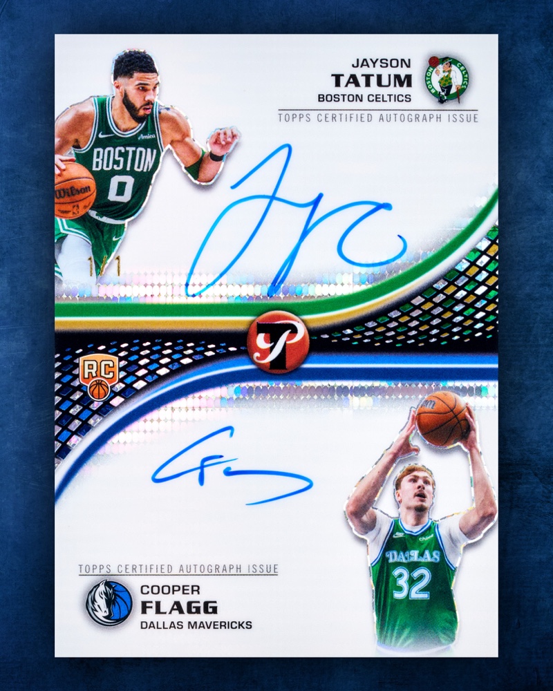 Jayson Tatum and Cooper Flagg dual autograph, Topps Pristine Basketball, numbered 1/1 in the preview. Photo: Topps, on X.