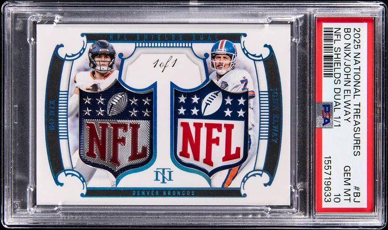 Bo Nix/John Elway 2025 Panini National Treasures NFL Shields Dual #BJ, 1/1, PSA GEM MT 10, the lot itself. Photo: Goldin.