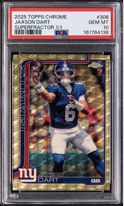 Jaxson Dart 2025 Topps Chrome SuperFractor #306, 1/1, PSA GEM MT 10, the lot itself. Photo: Goldin.