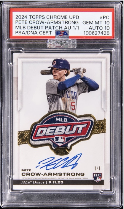 Pete Crow-Armstrong 2024 Topps Chrome Update MLB Debut Patch Autograph, 1/1, PSA GEM MT 10, auto 10, the lot itself. Photo: Goldin.