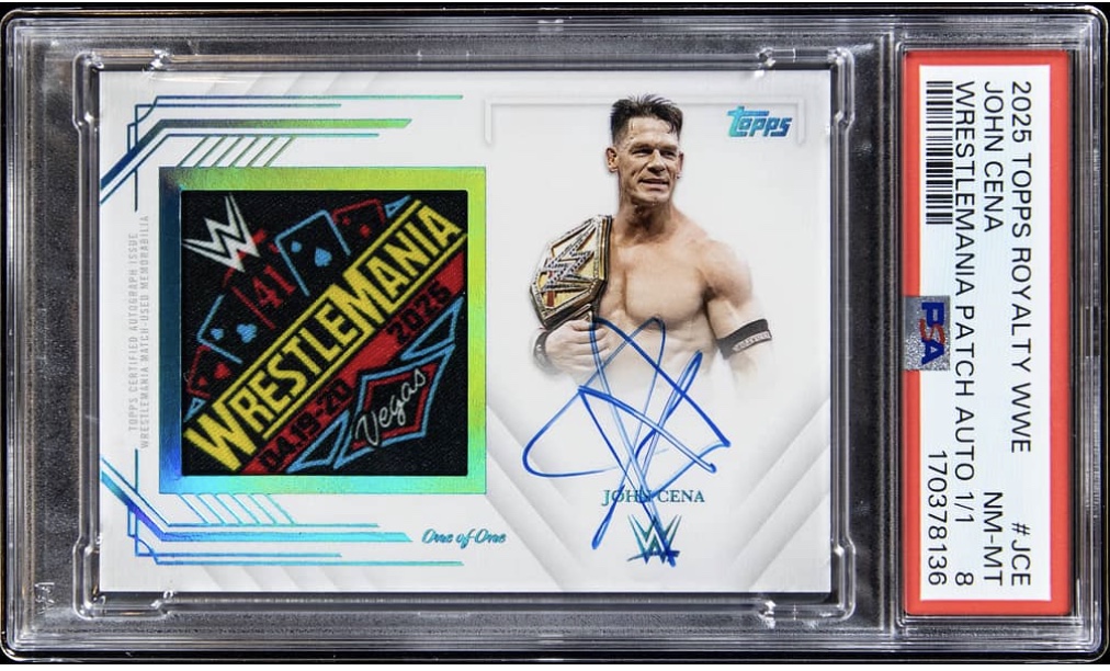John Cena 2025 Topps Royalty WWE WrestleMania Patch Auto #JCE, 1/1, PSA NM-MT 8, the lot itself. Photo: Goldin.
