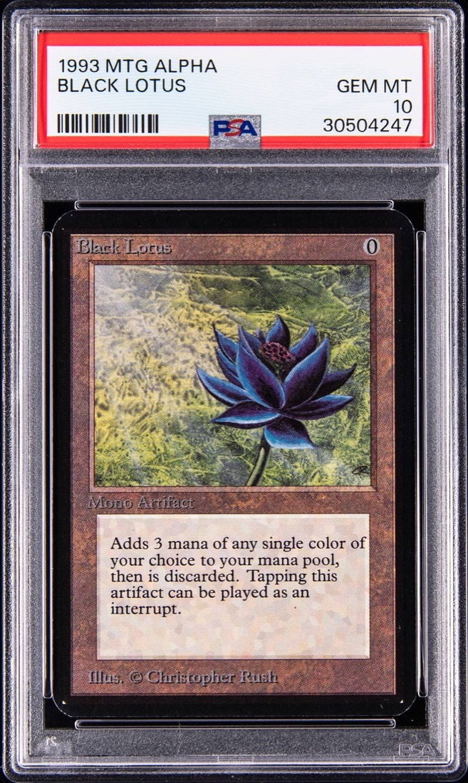 The 1993 Alpha Black Lotus in a PSA GEM MT 10 holder, the lot itself. Photo: Goldin.