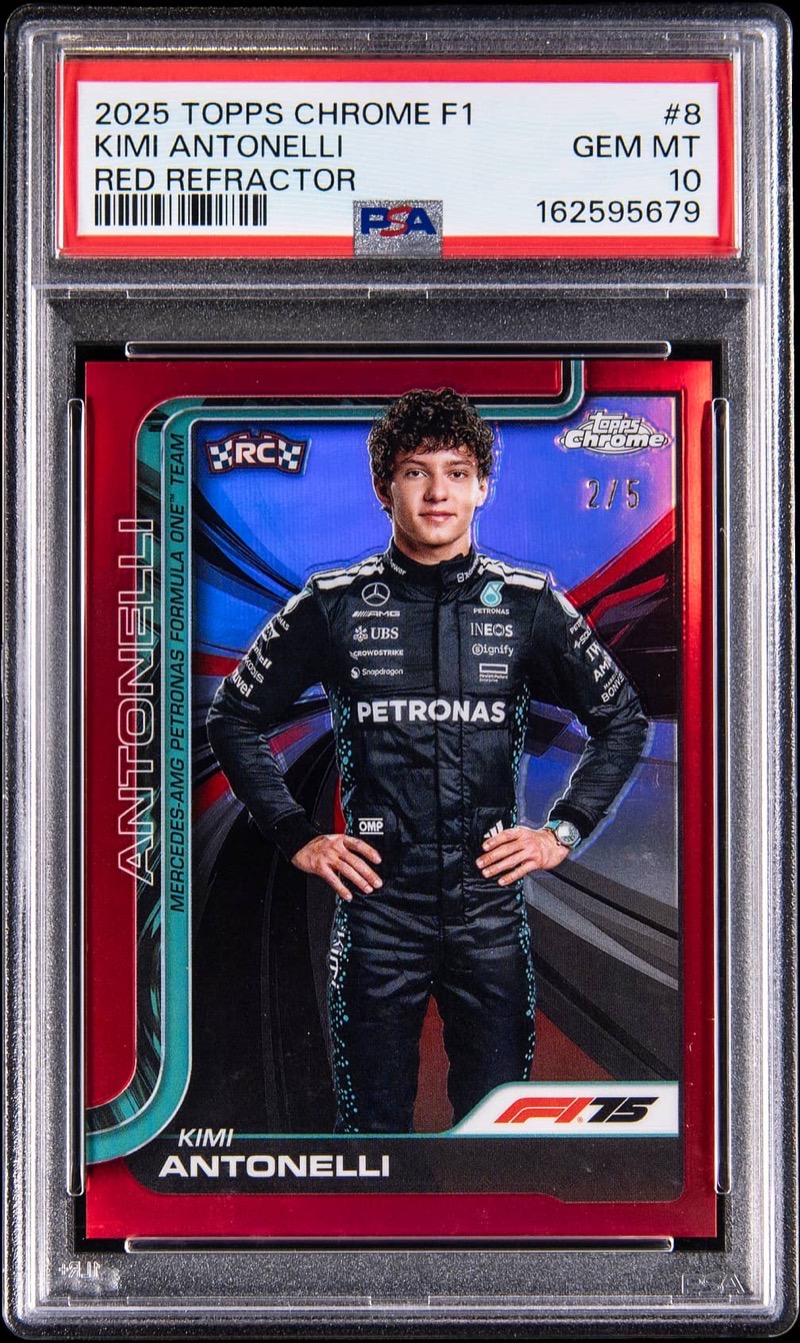 The 2025 Topps Chrome F1 Red Refractor #8 Kimi Antonelli rookie that sold, serial 2/5, in its PSA GEM MT 10 holder. Photo: Goldin.