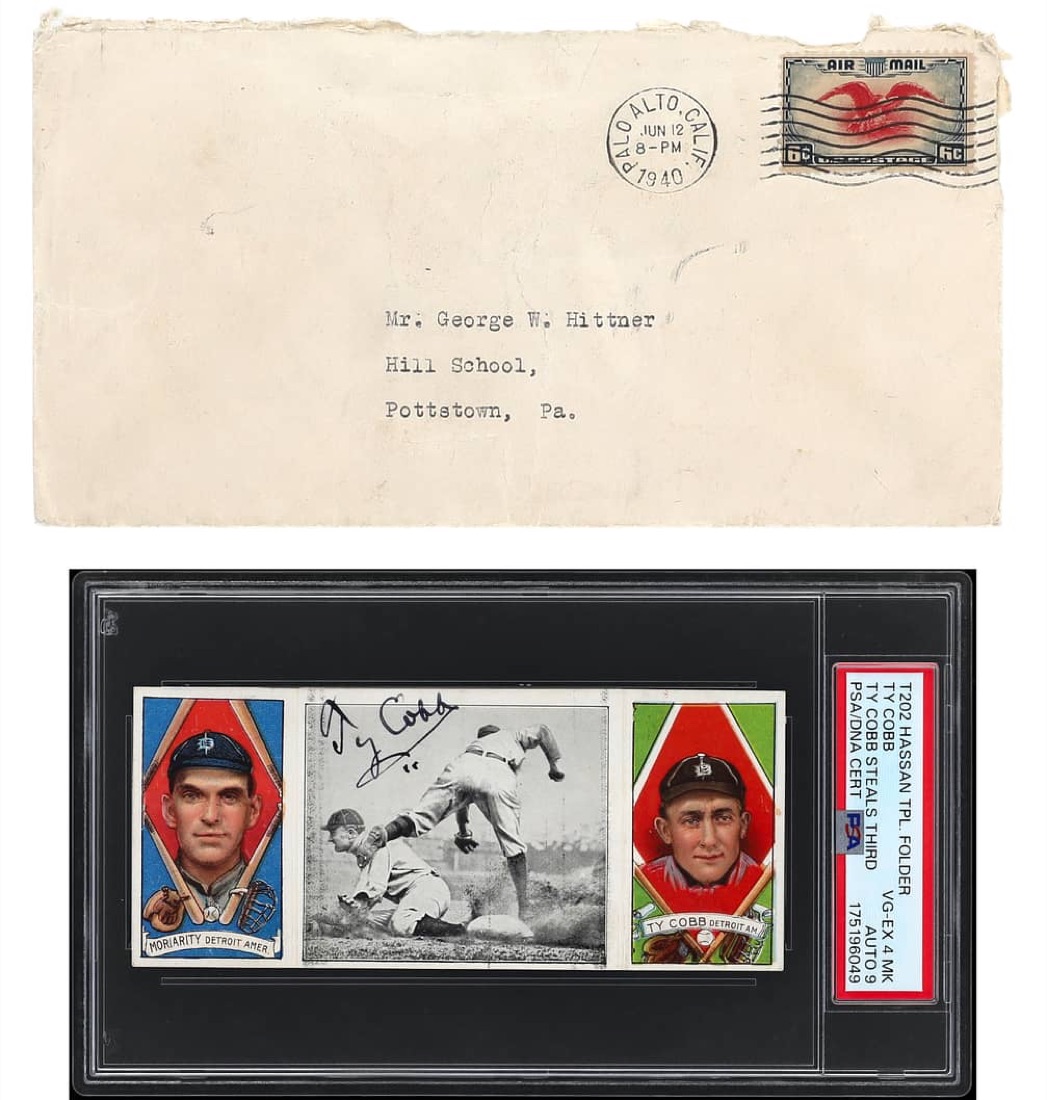 The slabbed 1912 T202 Hassan Triple Folder card signed by Ty Cobb, with the original mailing envelope Cobb used to send it in 1940. Photo: Goldin.