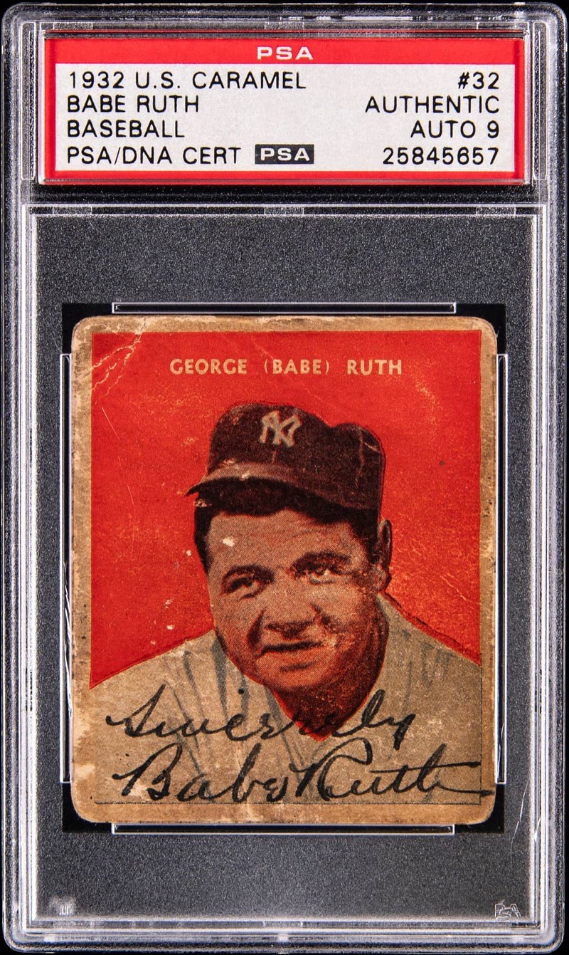 The 1932 U.S. Caramel #32 Babe Ruth in its PSA holder, signed "Sincerely, Babe Ruth" across the front, graded Authentic with a PSA/DNA AUTO 9. Photo: Goldin.