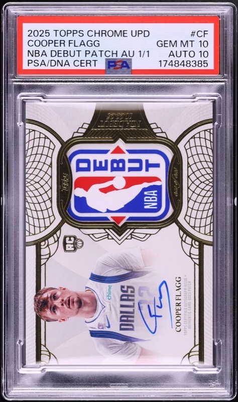 Cooper Flagg's NBA Debut Patch Auto 1/1 in its PSA GEM MT 10 holder, the game-used NBA Debut logo patch beside the on-card signature. Photo: Fanatics Collect.