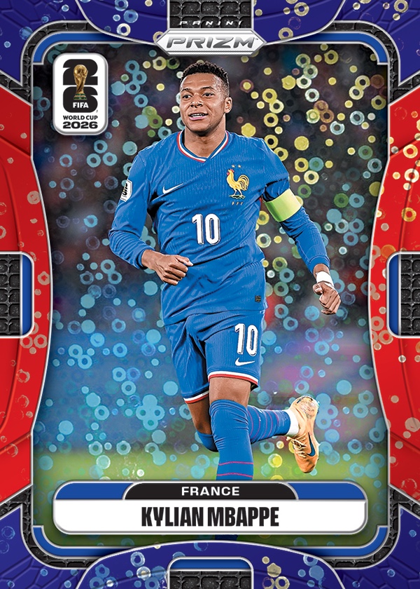 Kylian Mbappe, 2026 Panini Prizm FIFA World Cup Blue-and-Red Breakaway Prizm, a parallel sold only in Breakaway boxes. Photo: Panini America.