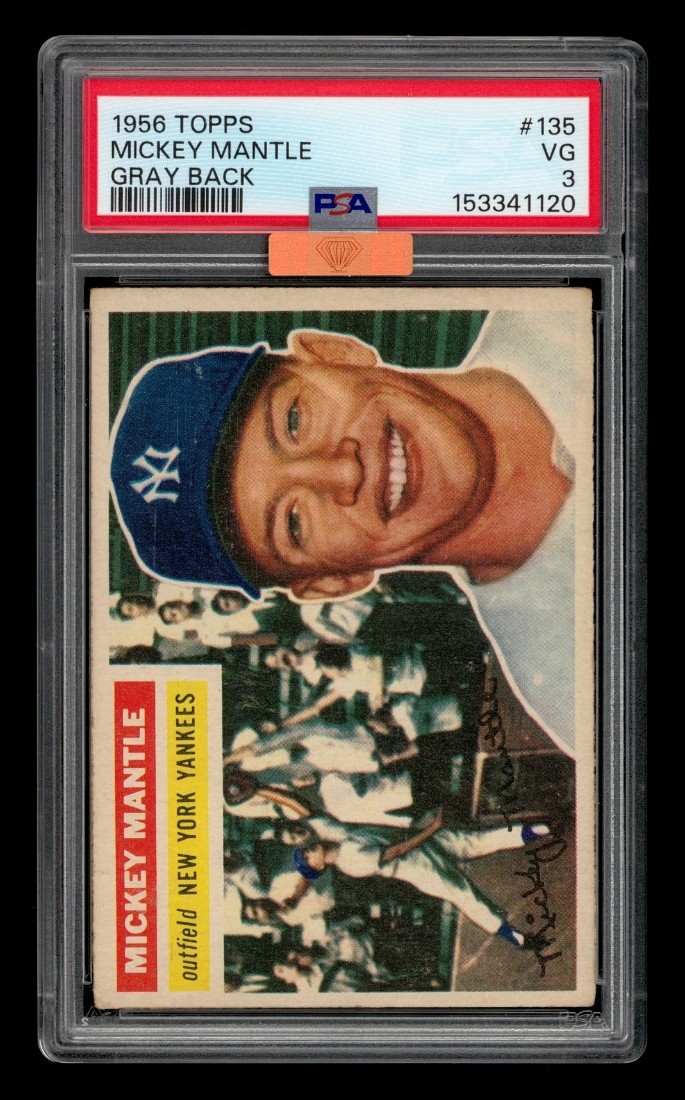 The card image is illustrative, a 1956 Topps #135 Mickey Mantle Gray Back in a PSA 3 holder from a live eBay listing; the copy that set the record grades PSA 8.5. eBay listing photo, via CardSight.