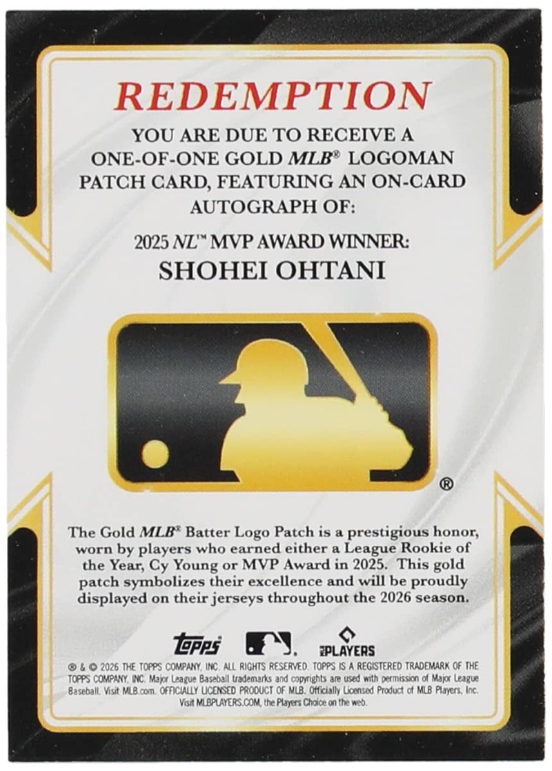 The redemption card itself, which reads "you are due to receive a one-of-one Gold MLB Logoman patch card" with an on-card autograph of the 2025 NL MVP. Photo: Goldin.