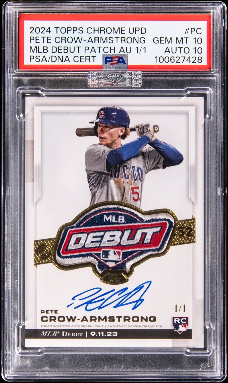 The Crow-Armstrong MLB Debut Patch Auto 1/1 in its PSA GEM MT 10 holder, the game-used MLB Debut patch above his on-card signature. Photo: Goldin.